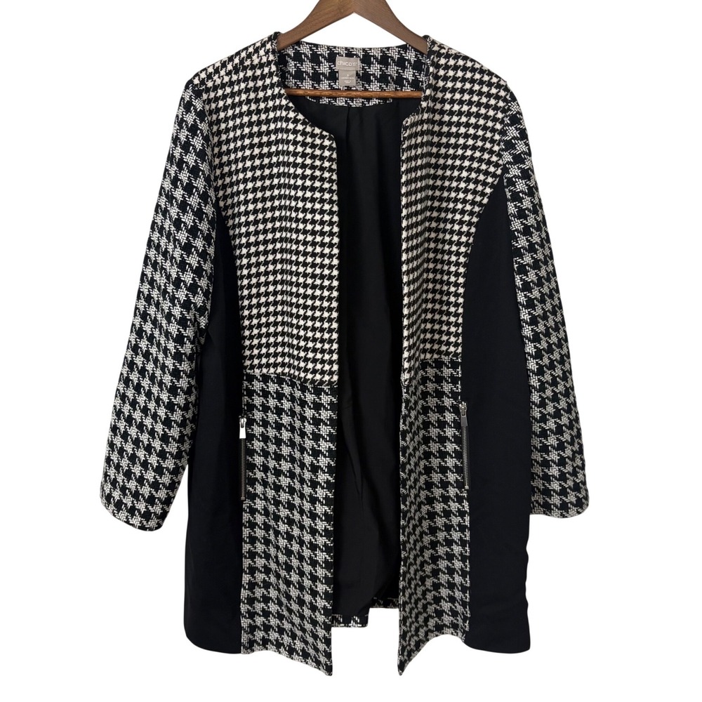 Chico's Jacket Women 3 XL Black White Houndstooth Open Longline Office Classic
